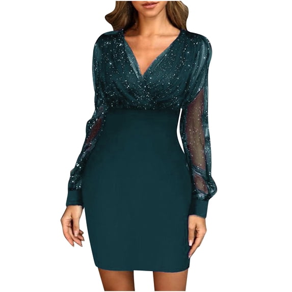 HAPIMO Summer Mini Bodycon Pencil Dress for Women Sale Solid Sequin Shiny Boho Beach V Neck Sundress for Girls Elegant Party Club Vintage Mesh Sleeve Holiday Blue L