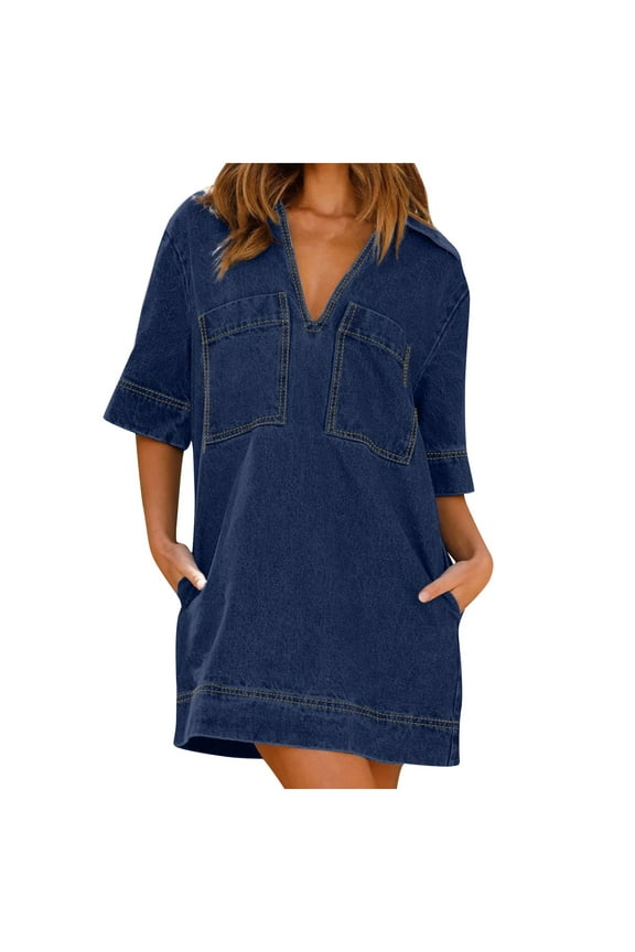 Summer Mini Loose Denim Dress for Women Sale Solid Color Vintage Boho Fit Holiday Button Leisure Comfy Ruffle Sleeve Beach V Neck Sundress for Girls Blue L