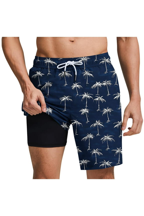 Summer Outdoor Swimsuit Shorts 9" Beach Shorts Men Swim Trunks with Compression Liner Quick Dry Board Shorts Casual Outings Travel Shorts Hawaiian Bathing Mesh Lining Shorts Navy X-Large