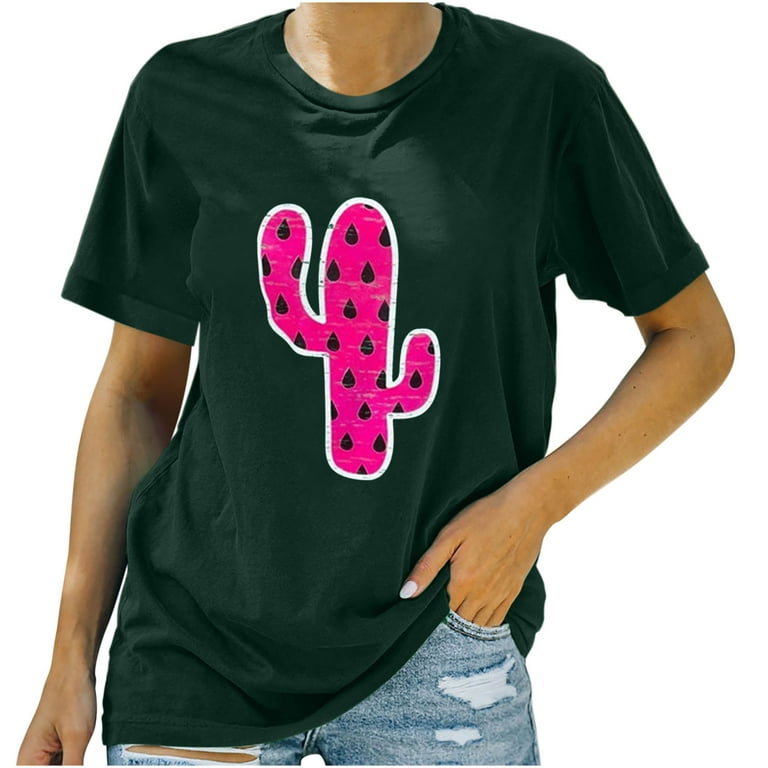 HAPIMO Summer Shirts for Women Cute Cactus Print Tops Comfy Casual Blouses  Fashion Regular Fit Clothes for Girls Crewneck T-shirt Short Sleeve Tees