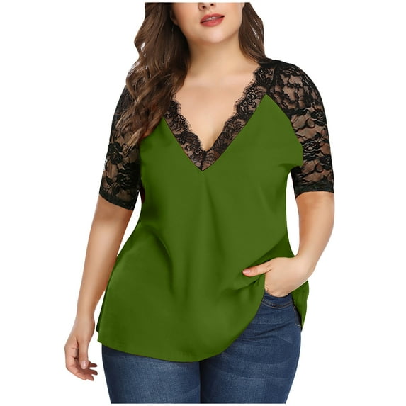 HAPIMO Summer Shirts for Women Fashion Plus Size Lace Crochet Clothes for Girls Pleat Flowy Swing Blouses V-Neck T-shirt Solid Print Tops Short Sleeve Tees Army Green XXXXL s