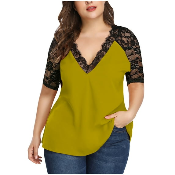 HAPIMO Summer Shirts for Women Fashion Plus Size Lace Crochet Clothes for Girls Pleat Flowy Swing Blouses V-Neck T-shirt Solid Print Tops Short Sleeve Tees Yellow XL Sales