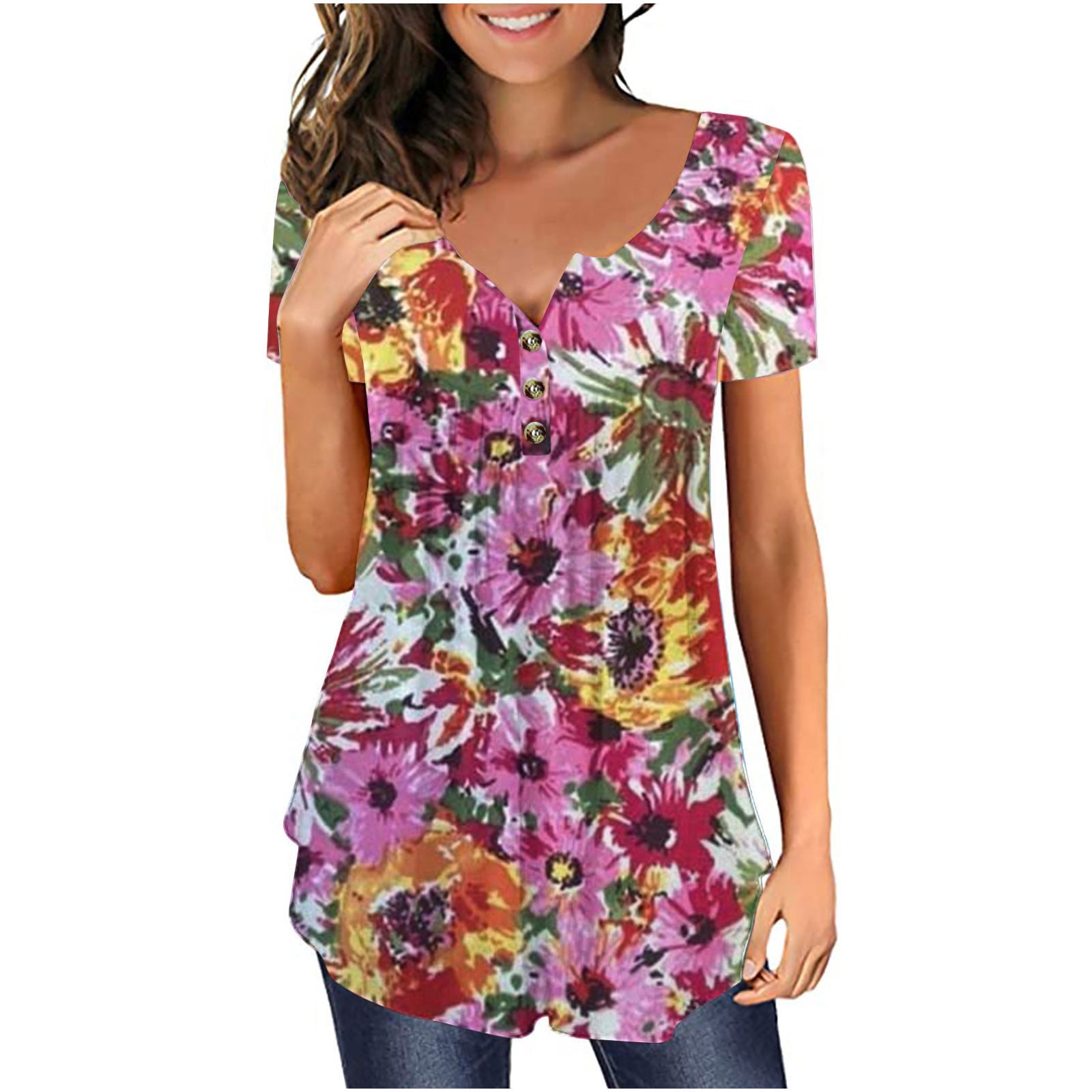 HAPIMO Summer Shirts for Women Button V-Neck T-shirt Boho Floral Print Tops  Fashion Tummy Control Clothes for Girls Short Sleeve Tees Pleat Flowy Tunic  Blouses Blue XXXXL Rollbacks 