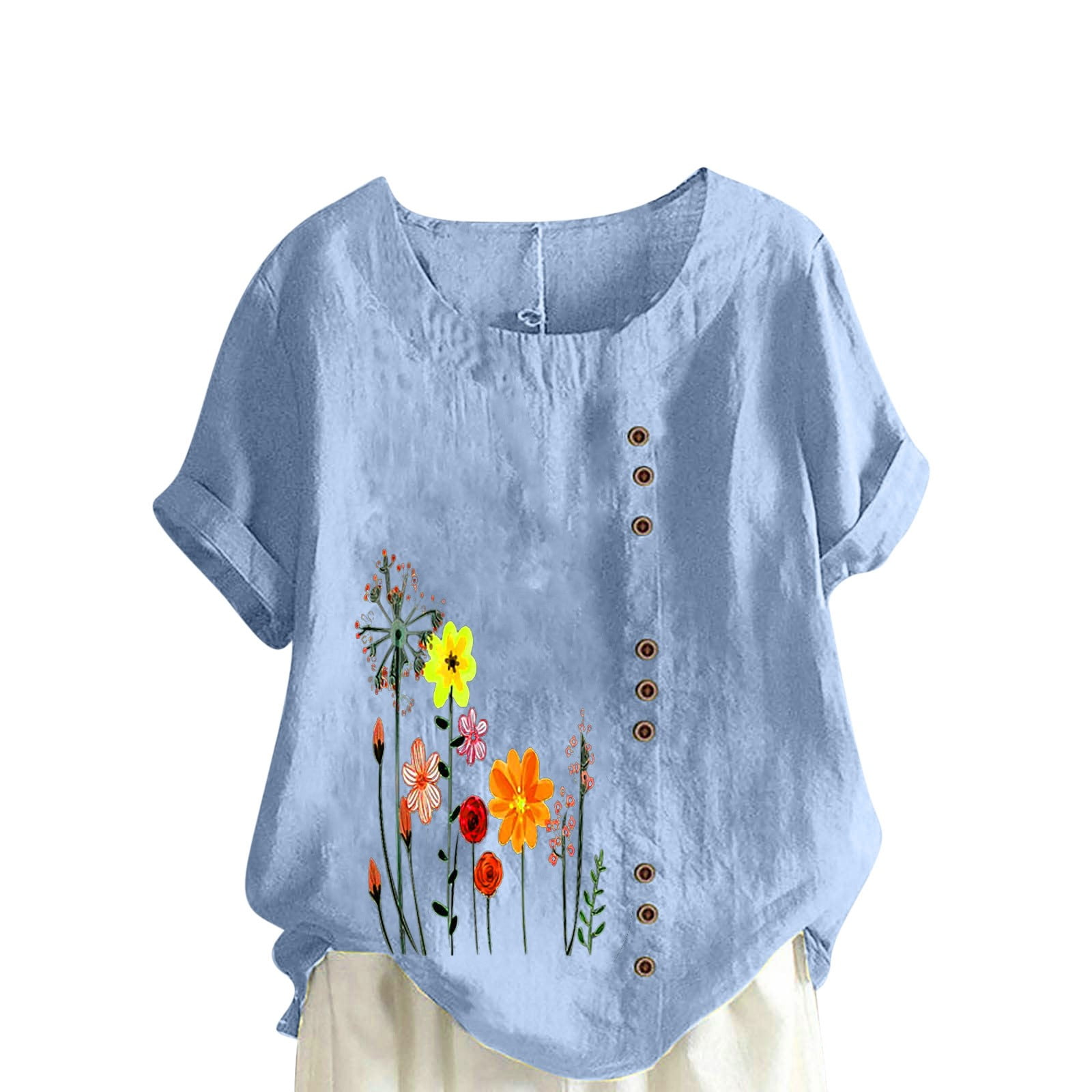 HAPIMO Summer Shirts for Women Flower Print Tops Short Sleeve Tees Cotton  Linen Blouses Crewneck T-shirt Fashion Regular Fit Butotn Clothes for Girls  Light Blue XXXXL Sales 