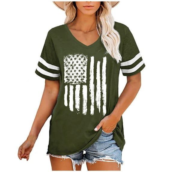 HAPIMO Summer Shirts for Women Independence Day Short Sleeve Tees O-Neck Pullover Colorblock Stripe Print Tops Loose Blouses Dressy Casual T-Shirts Green XXL