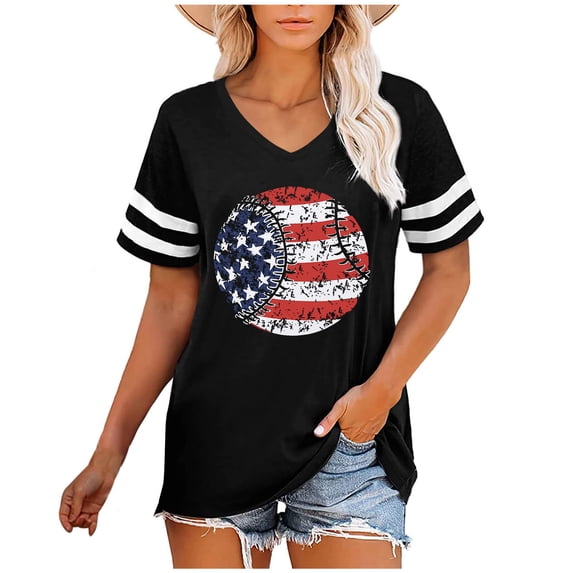 HAPIMO Summer Shirts for Women Independence Day Short Sleeve Tees O-Neck Pullover Colorblock Stripe Print Tops Loose Blouses Dressy Casual T-Shirts Red L