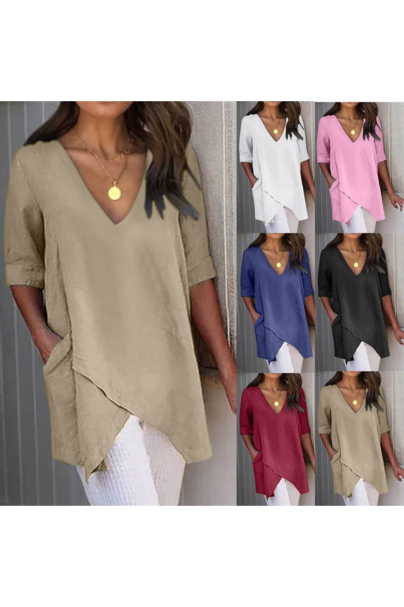 Summer Shirts for Women Short Sleeve Tees Dressy Casual T-Shirts V-Neck Pullover Solid Color Print Tops Loose Fit Cotton Line Blouses White XXXXXL s