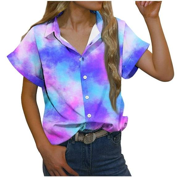 HAPIMO Summer Shirts for Women Short Sleeve Tees Lapel Collar Pullover Cow/Tie Dye Print Tops Button Down Blouses Dressy Casual T-Shirts Multicolor XXL Rollbacks