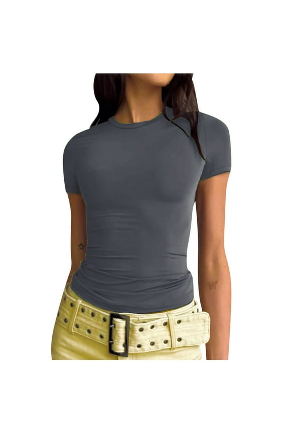 Summer Shirts for Women Solid Color Print Tops Short Sleeve Tees O-Neck T-shirt Fashion Slim Fit Clothes for Girls Comfy Casual Blouses Dark Gray s