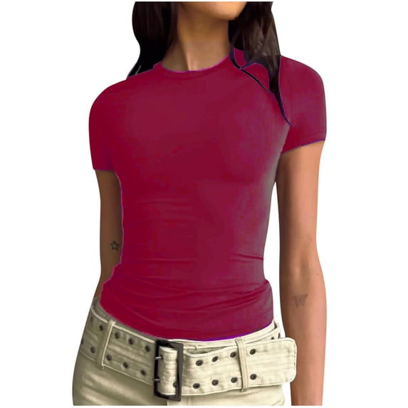 HAPIMO Summer Shirts for Women Solid Color Print Tops Short Sleeve Tees O-Neck T-shirt Fashion Slim Fit Clothes for Girls Comfy Casual Blouses Wine M s