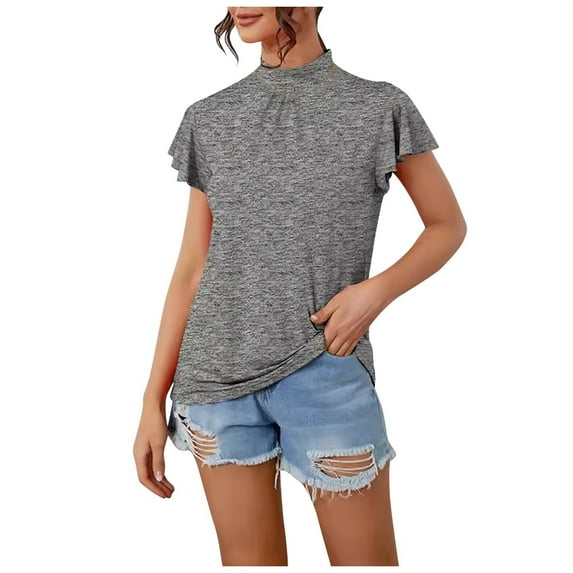 HAPIMO Summer Shirts for Women O-Neck Pullover Slim Fit Blouses Solid Color Print Tops Dressy Casual T-Shirts Short Sleeve Ruffle Tees Gray XL