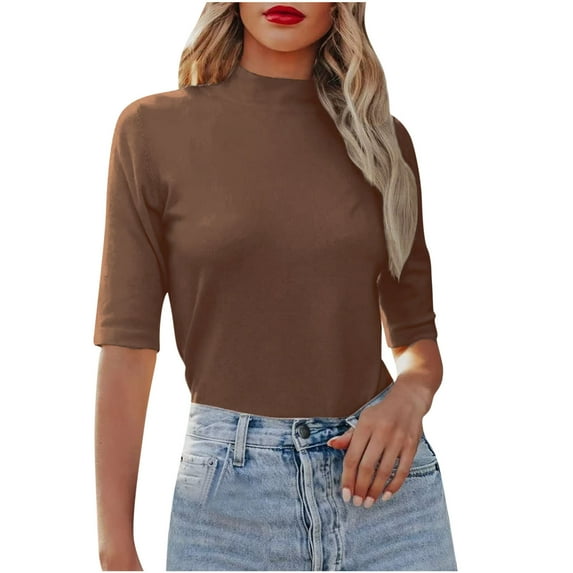 HAPIMO Summer Shirts for Women O-Neck Pullover Slim Fit Blouses Solid Color Print Tops Dressy Casual T-Shirts Short Sleeve Tees Coffee s
