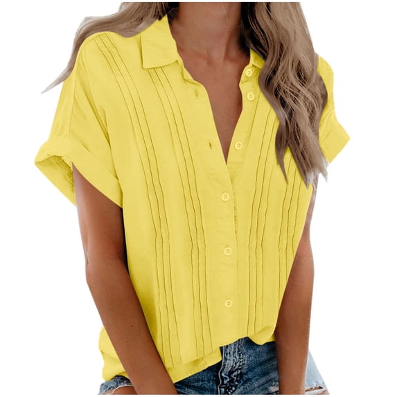 HAPIMO Summer Shirts for Women Short Sleeve Tees Lapel Collar Pullover Cow/Tie Dye Print Tops Button Down Blouses Dressy Casual T-Shirts Yellow S