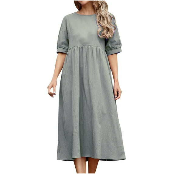 HAPIMO Summer Tea Length A Line Cotton Dress for Women Sale Solid Color Beach Crew Neck Sundress for Girls Elegant Casual Pleated Vintage Holiday Boho Short Sleeve Fit Gray S