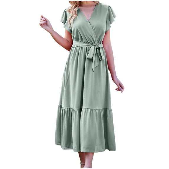 HAPIMO Summer Tea Length A Line Dress for Women Floral Print Fit Short Sleeve Boho Beach Holiday Square Neck Sundress for Girls Empire Waist Elegant Vintage