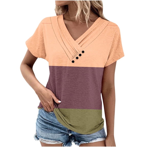 HAPIMO Summer Tops for Women Buttons V Neck Plus Size Blouses Workout Short Sleeve T Shirts Pleated Color Block Shirt Brown XXL