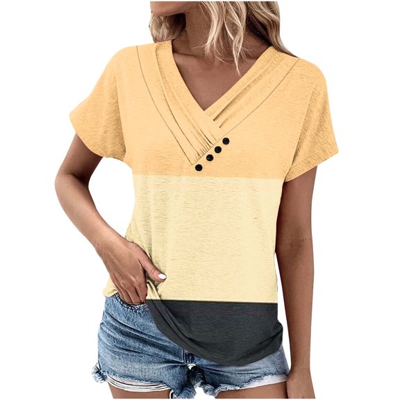 HAPIMO Summer Tops for Women Buttons V Neck Plus Size Blouses Workout Short Sleeve T Shirts Pleated Color Block Shirt Yellow M