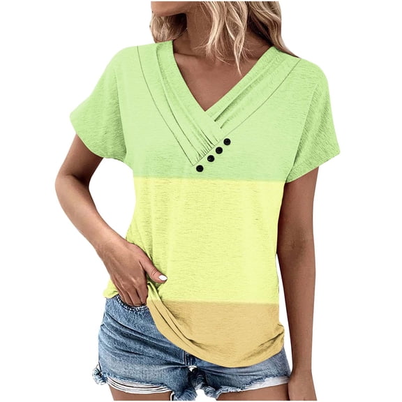 HAPIMO Summer Tops for Women Buttons V Neck Plus Size Blouses Workout Short Sleeve T Shirts Pleated Color Block Shirt Green S