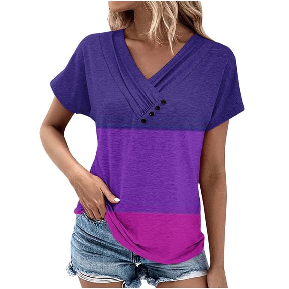 HAPIMO Summer Tops for Women Buttons V Neck Plus Size Blouses Workout Short Sleeve T Shirts Pleated Color Block Shirt Purple XXL
