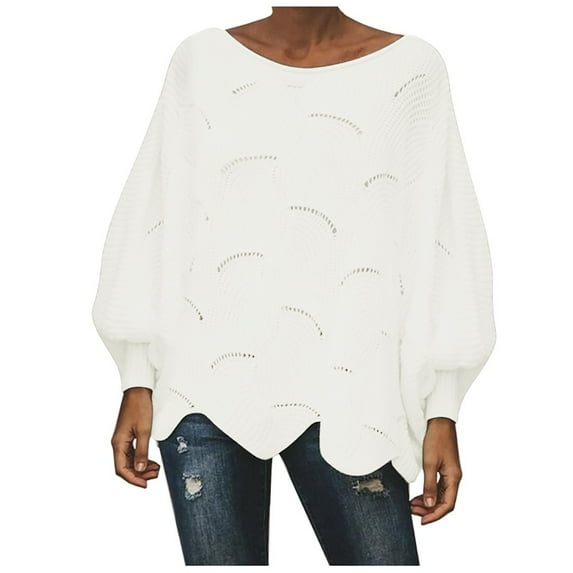 HAPIMO Sweaters for Women Lantern Sleeve Crewneck Crochet Knitwear Solid Color Casual Loose Jumper Pullover Womens Bat Sweaters Fall Fashion White XL