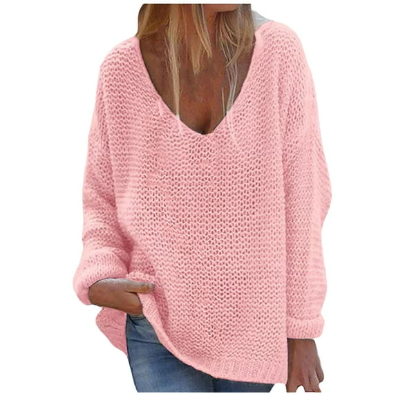 HAPIMO Sweaters for Women Lantern Sleeve V-Neck Knitwear Solid Color Casual Loose Jumper Chunky Pullover Womens Sweaters Fall Fashion Pink S