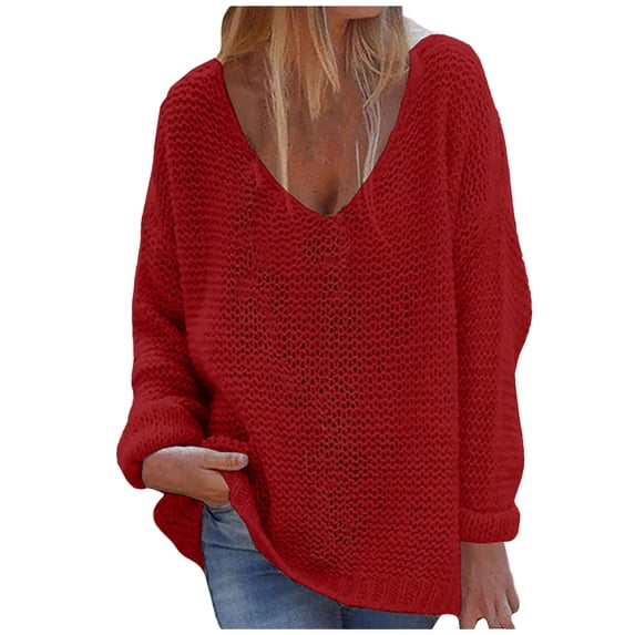 HAPIMO Sweaters for Women Lantern Sleeve V-Neck Knitwear Solid Color Casual Loose Jumper Chunky Pullover Womens Sweaters Fall Fashion Red XXL