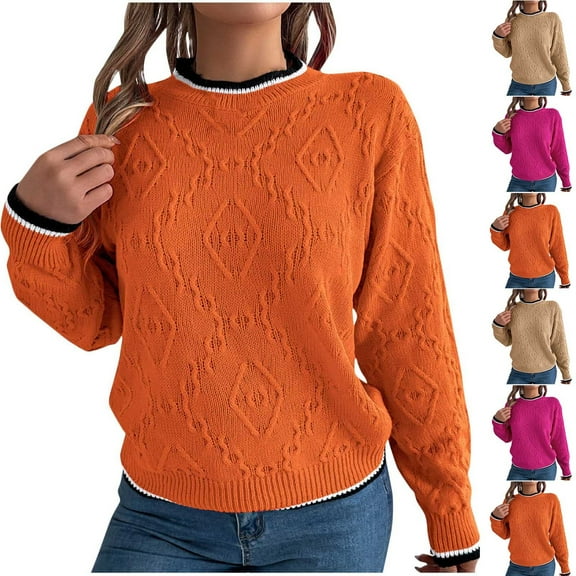 HAPIMO Sweaters for Women Trendy Crewneck Solid Long Sleeve Color Block Sweater Fall Chunky Cable Knit Pullover Tops Pink L
