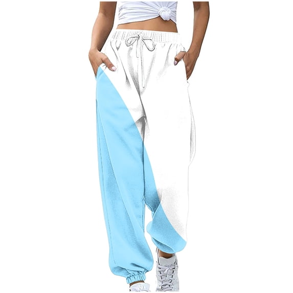 HAPIMO Sweatpants Women Elastic High Waist Joggers Baggy Drawstring Straight Pants Casual Workout Pants Color Block Trousers Light Blue L
