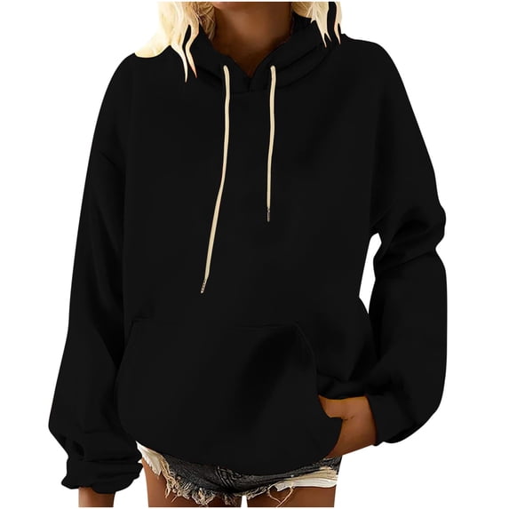 HAPIMO Sweatshirt for Women Long Sleeve Solid Color Pocket Drawstring Sweatshirt Casual Hooded Pullover Tops Teen Girls Fashion Clothes Black XXL