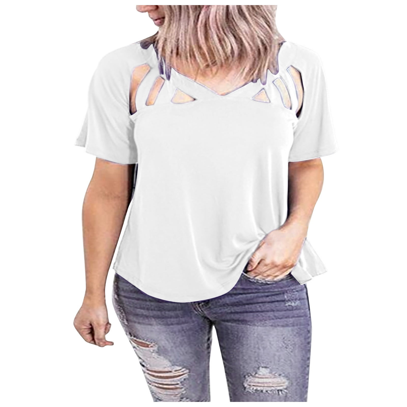 HAPIMO T-Shirts for Women V-Neck Cozy Blouse Casual Hollow Out Loose Classic -Fit Flared Short Sleeve Shirt Solid Color Tee Shirt Womens Summer Fashion  Tops Rollbacks White L 