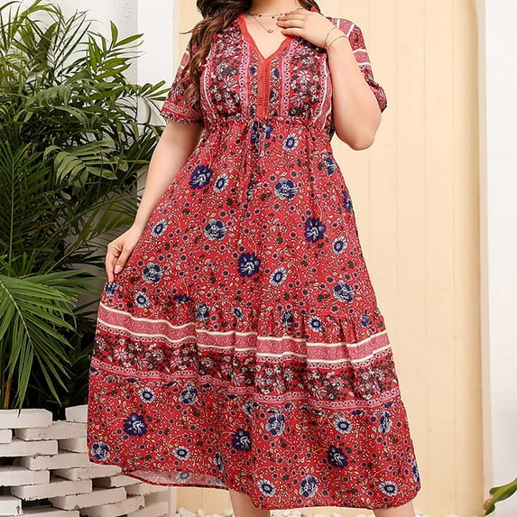 HAPIMO Tea Length A Line Dress for Women Clearance Floral Printed Summer Beach Vacation V Neck Sundress Ruffle Swing Hem Retro Boho Short Sleeve Clothing Red L