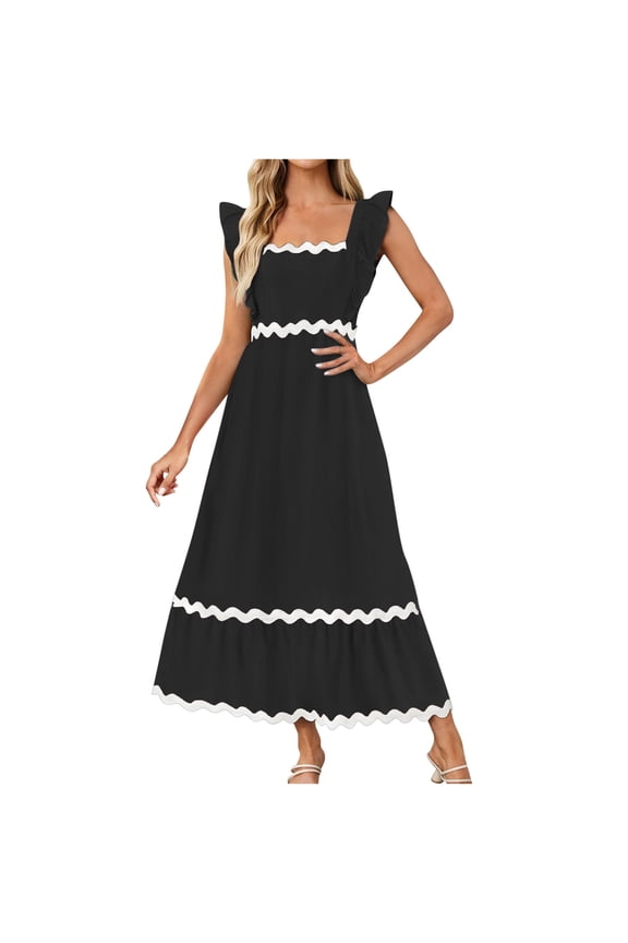 Tea Length Loose Dress for Women Dot Print Vacation Ruffle Swing Hem Short Sleeve Clothing Summer Beach V Neck Sundress Retro Boho