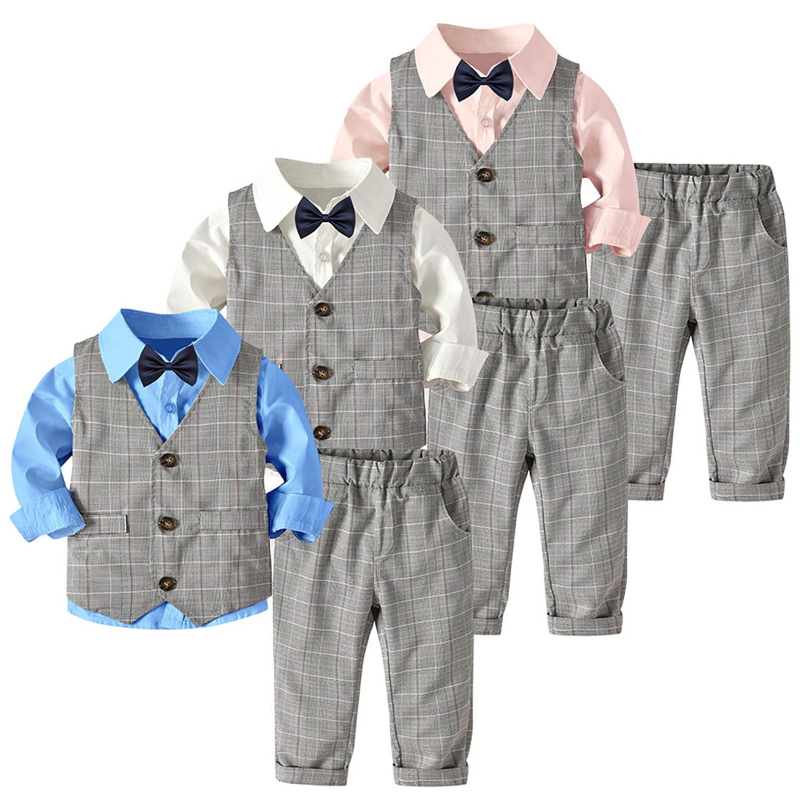 Toddler Boys Outfits Clothes Suit 1-6 Years Old Kids Fashion Bowtie Gentlemans Vest T-Shirt Pants Sets Long Sleeve Winter Cotton Outfits Blue 100