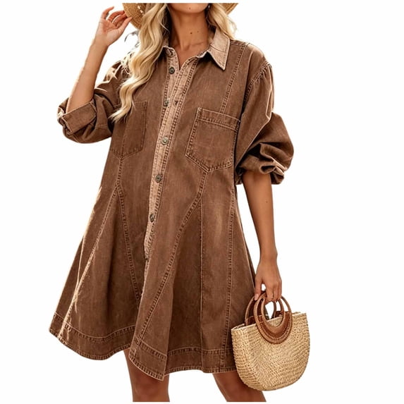 HAPIMO Turn Down Collar Color Block Denim Mini Dress Women Vintage Dress for Daily Wear Brown S