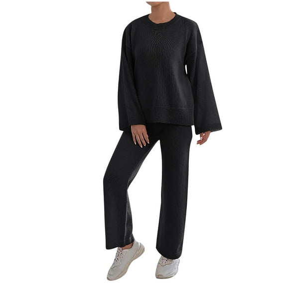 HAPIMO Two Piece Set for Women Sweater Set Long Sleeve Crewneck Pullover Top Straight Wide Leg Long Pant Loose Lungewear Set Black XL