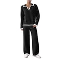 thumbnail image 1 of HAPIMO Two Piece Set for Women Sweater Set Long Sleeve Lapel Pullover Top Straight Wide Leg Long Pant Loose Lungewear Set Black M, 1 of 7