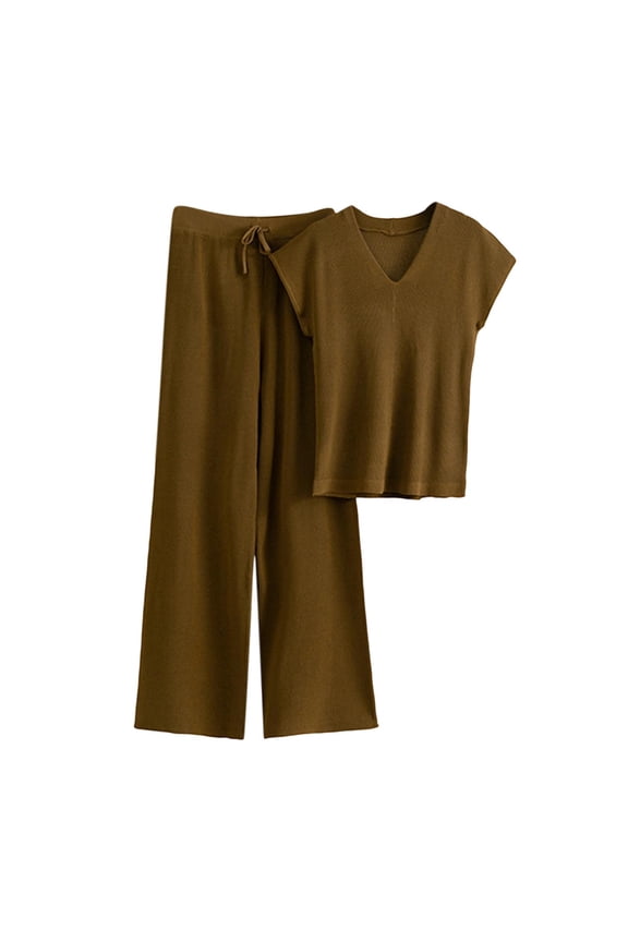 Two Piece Sets for Women Knit Set Solid Short Sleeve Sweater Casual V Neck Tops Drawstring Wide Leg Long Pant Loose Lounge Set Coffee