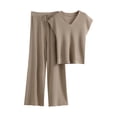 thumbnail image 1 of HAPIMO Two Piece Sets for Women Knit Set Solid Short Sleeve Sweater Casual V Neck Tops Drawstring Wide Leg Long Pant Loose Lounge Set Khaki, 1 of 3