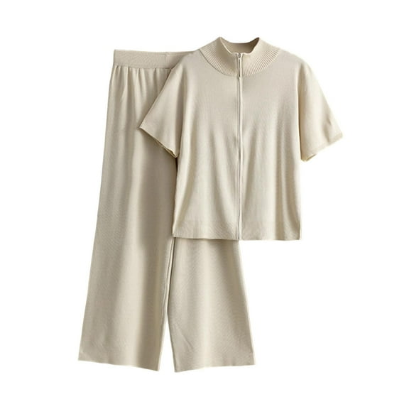 HAPIMO Two Piece Sets for Women Knit Set Solid Short Sleeve Zip Up Sweater Casual V Neck Tops Drawstring Wide Leg Long Pant Loose Lounge Set Beige