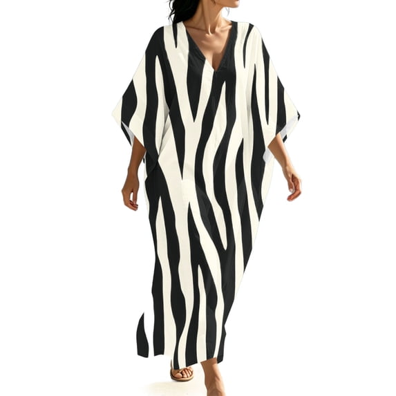 HAPIMO V Neck Print Batwing Sleeve Kaftan Maxi Dress Women Casual Dress for Beach Black L