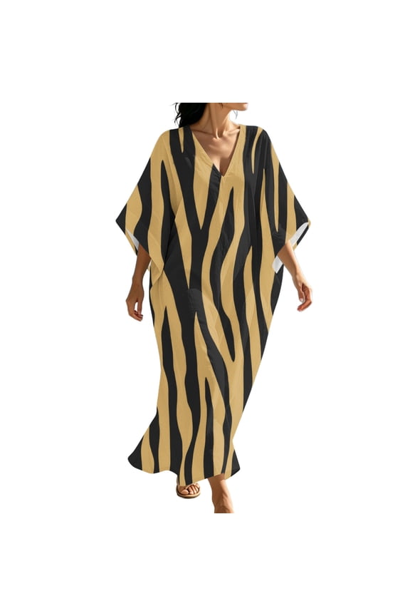 V Neck Print Batwing Sleeve Kaftan Maxi Dress Women Casual Dress for Beach Gold XXL