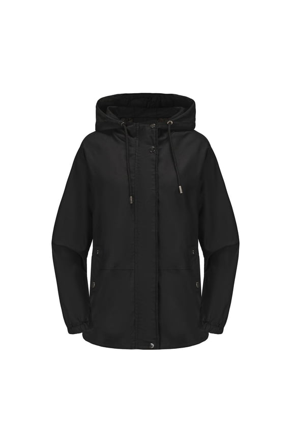 Vintage Womens Coated Rain Jacket with Hood -Light Windbreaker Raincoat for Women-Hooded Rain Slicker Loose Long Sleeve Black M