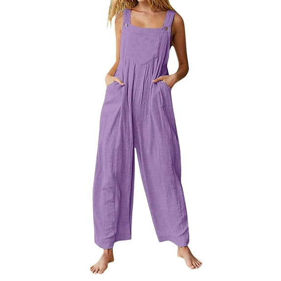 HAPIMO Wide Leg Cotton Linen Jumpsuit for Women Summer Relaxed Trousers Fashion Solid Baggy Pocket Sleeveless Casual Button Workout Purple L