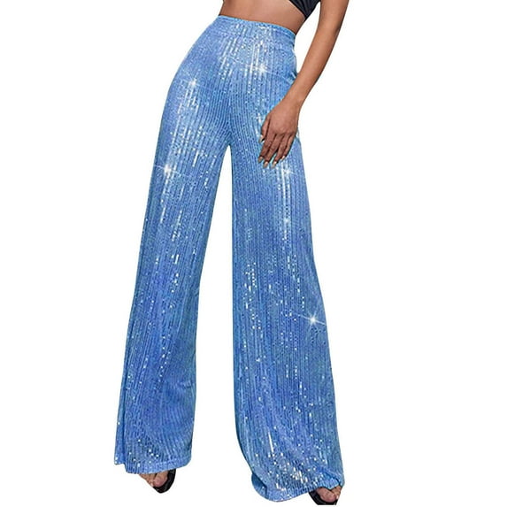 HAPIMO Wide Leg Elegant Pants for Women Retro Leisure Relaxed Workout Trendy Clothes Solid Color Sequin High Rise Trousers Blue XXXXXL