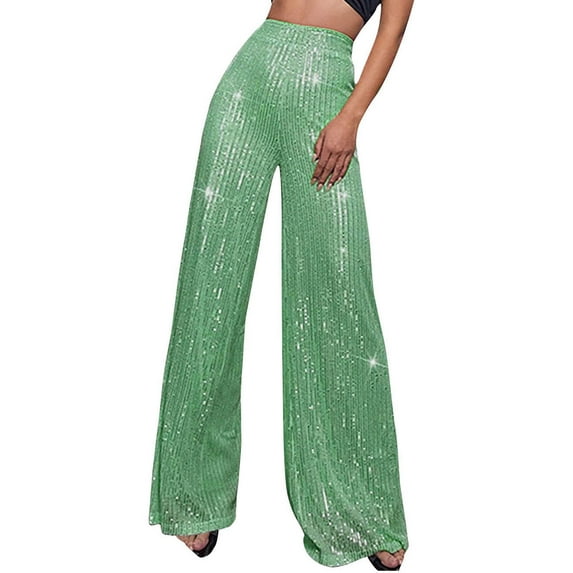 HAPIMO Wide Leg Elegant Pants for Women Retro Leisure Relaxed Workout Trendy Clothes Solid Color Sequin High Rise Trousers Green XXXXXL