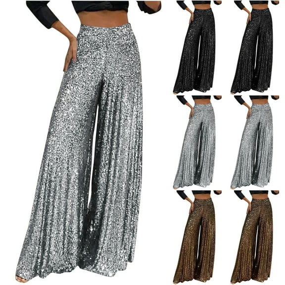 HAPIMO Wide Leg Elegant Pants for Women Retro Leisure Relaxed Workout Trendy Clothes Solid Color Sequin High Rise Zipper Trousers Black L