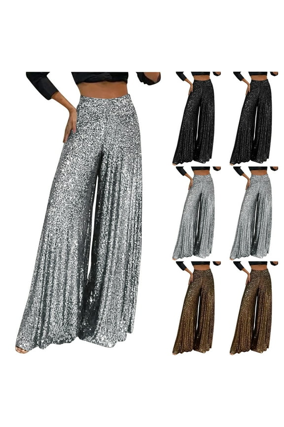 Wide Leg Elegant Pants for Women Retro Leisure Relaxed Workout Trendy Clothes Solid Color Sequin High Rise Zipper Trousers Black L