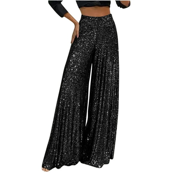 HAPIMO Wide Leg Elegant Pants for Women Retro Leisure Relaxed Workout Trendy Clothes Solid Color Sequin High Rise Zipper Trousers Black XL