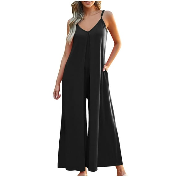 HAPIMO Wide Leg Jumpsuit for Women Summer Relaxed Elegant Casual Fashion Solid Splicing Trousers Cold Shoulder Sleeve V Neck