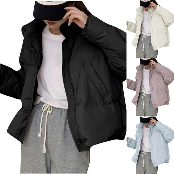 HAPIMO Winter Cropped Puffer Jacket for Women Zip Up Lapel Bread Coat Solid Color Warm Trendy Quilted Puffer Coats Black L